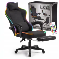 Fotel gamingowy tkanina kubełkowy krzesło biurowe Podnóżek + Masaż + LED LC12 Czarny