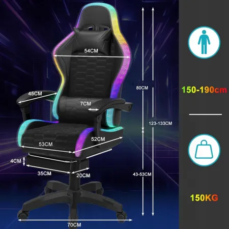 Fotel gamingowy dla gracza krzesło biurowe obrotowe kubełkowe, masaż, podnóżek, LED LC10 Black