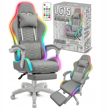 Fotel gamingowy tkanina kubełkowy krzesło biurowe Podnóżek + Masaż + LED LC15 Szary