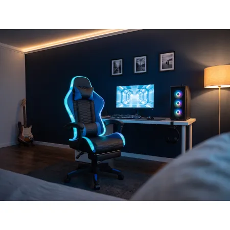 Fotel gamingowy dla gracza kubełkowy krzesło biurowe Podnóżek + Masaż + LED LC10 Niebieski