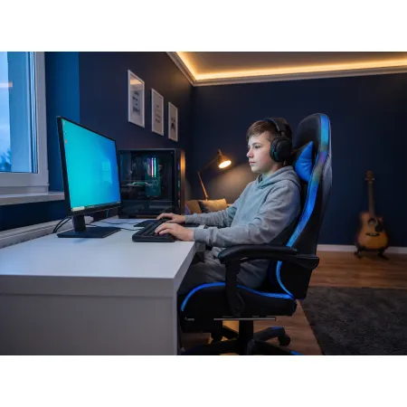 Fotel gamingowy dla gracza kubełkowy krzesło biurowe Podnóżek + Masaż + LED LC10 Niebieski
