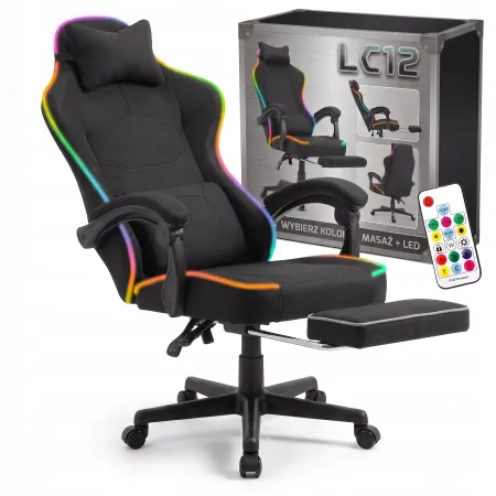 Fotel gamingowy tkanina kubełkowy krzesło biurowe Podnóżek + Masaż + LED LC12 Czarny